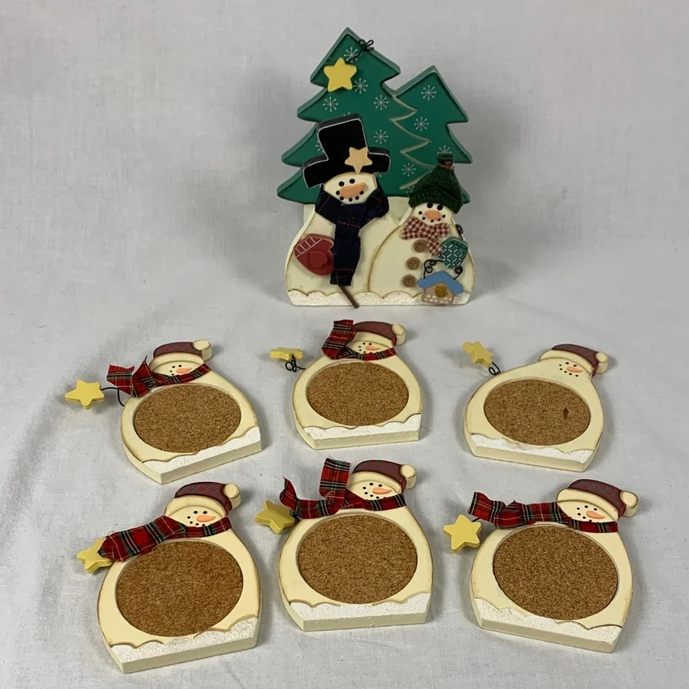 Festive Snowman Cork Coasters Set - Set of 6 Coasters and Storage Holder Holiday